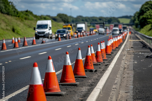 Roadwork site with traffic cones and warning signs on highway