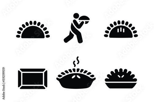 Black food icons featuring pies and a person serving food pastry