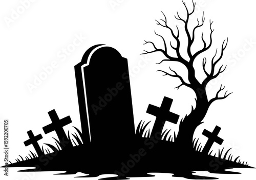 Graveyard scene with tombstone bare tree and crosses branches
