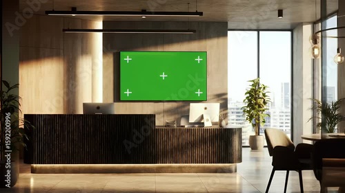 Modern Office Lobby with Green Screen Display