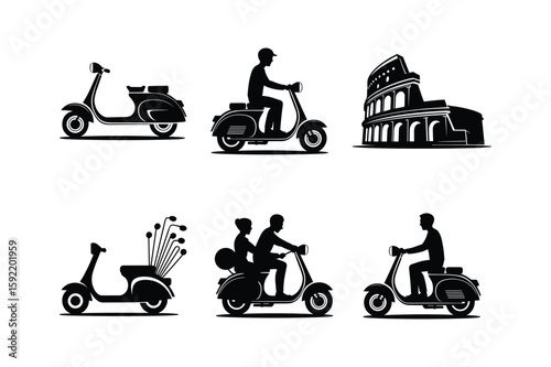 Scooter riders and iconic landmark silhouette people