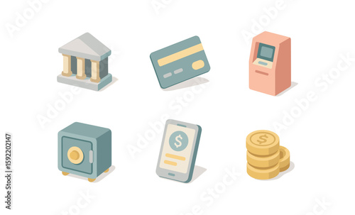 Isometric banking icons: atm, safe, card, and coins illustrations