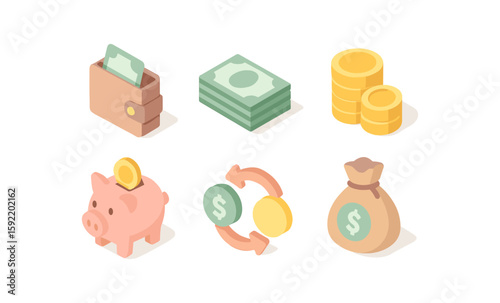 Currency and finance icons in isometric style featuring wallets, coins, and piggy banks