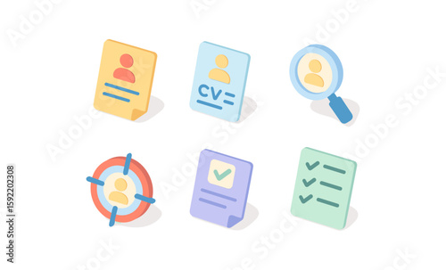 Isometric icons for recruitment: cv, profile, checklist, magnifying glass