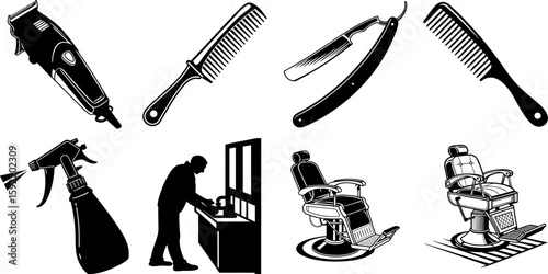 Barber Shop Tools and Equipment Silhouette Set.  Barber Tool silhouette