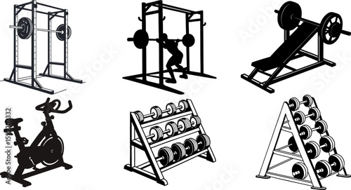 Gym Workout Equipment Silhouette Set. Gym training silhouette collection
