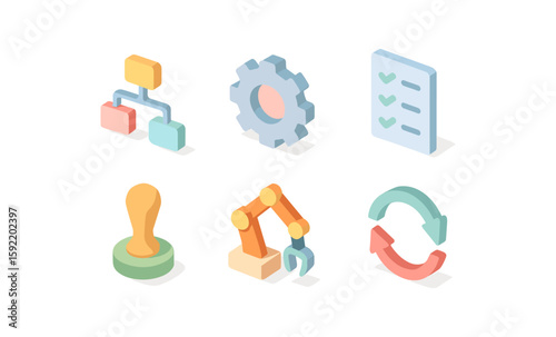 Set of isometric icons representing workflow and processes in a modern style