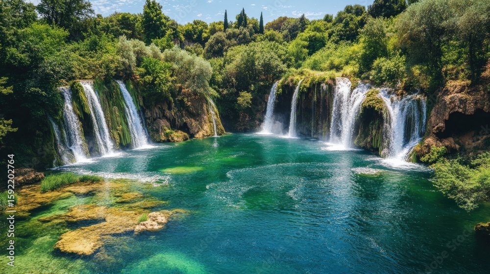 Fototapeta premium Long exposure image of a wonderful waterfall. Tortum Waterfall morning view. Uzundere, Erzurum, Turkey