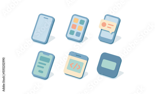 Set of isometric smartphone icons featuring apps and interfaces