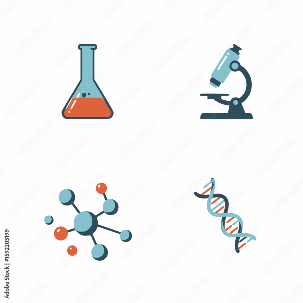 A clear vector illustration featuring key science icons: a flask, microscope, molecule, and DNA helix. Ideal for educational and scientific themes. A clear vector illustration featuring key science icons: a flask, microscope, molecule, and DNA helix. Ideal for educational and scientific themes.