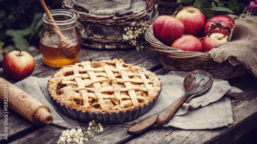 A rustic, vintage-style photo of an apple pie with a lattice-work crust on top and apples scattered around it
