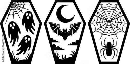 Halloween coffin designs with ghosts bat spider web and moon vector