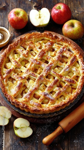 A rustic wooden table with an apple pie in the center, surrounded by apples and a rolling pin
