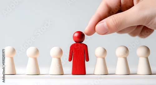Selection process concept with wooden figures. A red figure is selected among similar white figures, symbolizing recruitment or a unique choice.