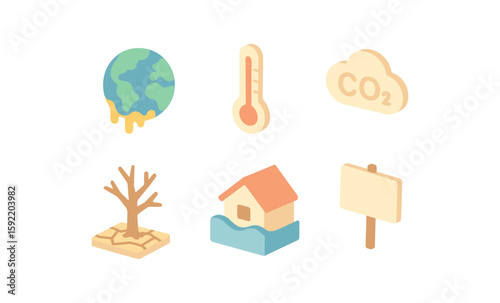 Isometric environmental icons: climate change, global warming, rising sea levels