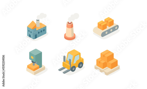 Isometric industrial icons: factory, conveyor belt, and machinery