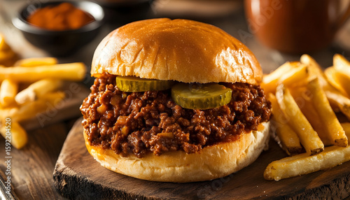 Delicious sloppy joes with pickles and fries for a hearty meal experience