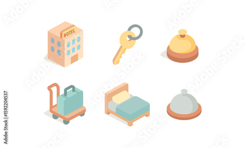 Isometric hotel icons set: bell, bed, key, luggage, building