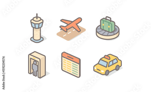 Isometric airport icons: control tower, airplane, luggage, airport taxi, safety checkpoint