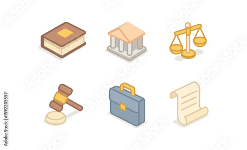 Essential legal icons set in isometric style for law and justice themes