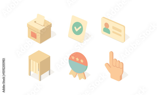 Election icons set featuring voting booth, ballot box, and id card in isometric style