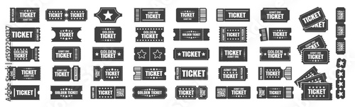 Ticket icon set. Admit one coupon collection for cinema, concert, movie, theater, event, or festival. Vintage and modern ticket vector templates on a transparent background.