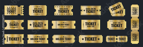 Golden ticket collection. Premium event coupon template on dark background.