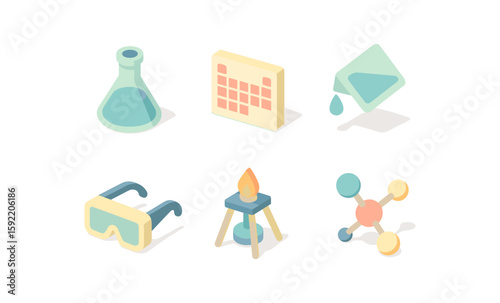Isometric science icons set: beaker, calendar, goggles and more in pastel tones