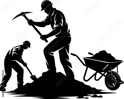 Miners digging and hauling earth with pickaxes shovels and wheelbarrow vector