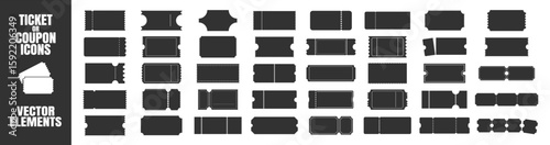 Blank ticket template set. Concert, movie, lottery and boarding coupon mockups. Collection of vintage tickets and realistic shapes on a transparent background.
