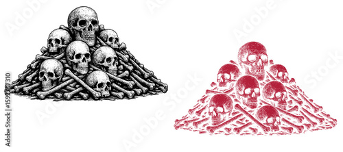 Detailed vintage style illustration of a pile of human bone. Hand-drawn etching technique with intricate shading and texture. Ideal for horror or halloween theme design 