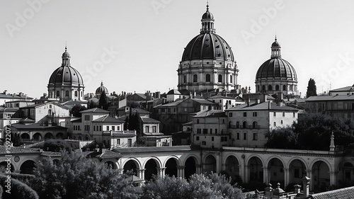 Photo of a black and white view of a historic european city skyline with prominent domes and arches