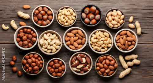 Assorted Nuts Displayed in Bowls on Wooden Surface, Featuring Almonds and Hazelnuts