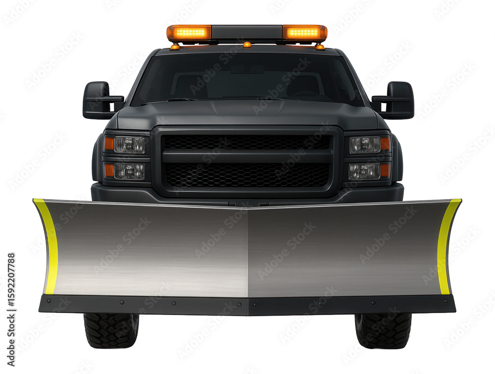 Naklejka premium Snow plow truck with large front blade and orange safety lights on the roof