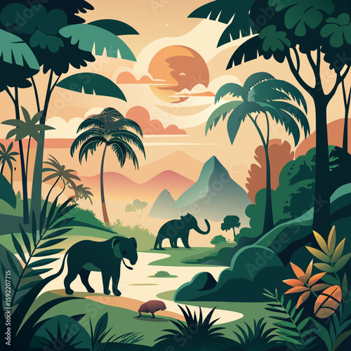 Flat illustration of elephants and lush tropical landscape at sunset
