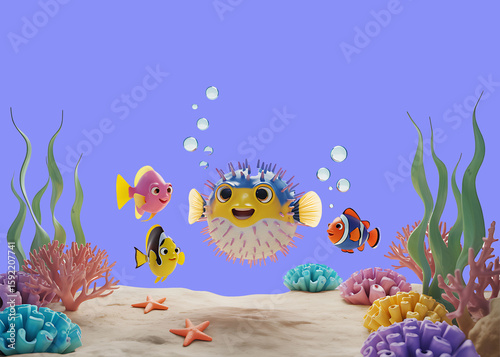 Cute Underwater Ocean Scene with Tropical Fish and Coral – 3D Cartoon Sea Life Illustration for Kids and Education

