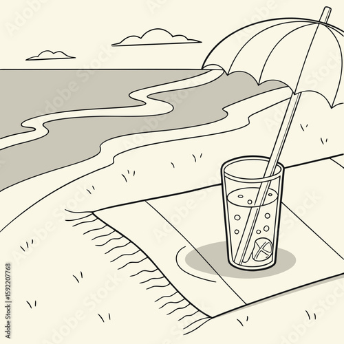 Beach scene with umbrella glass of beverage and ocean view