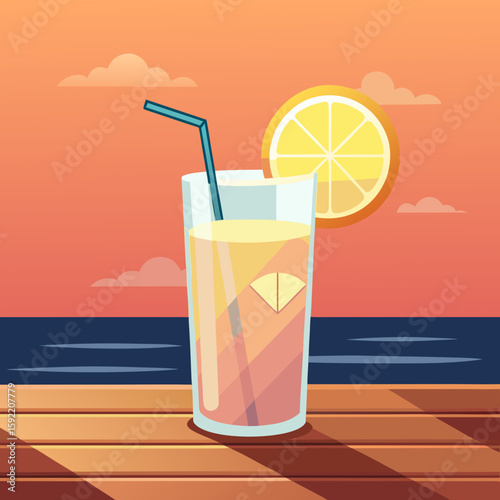 Refreshing summer lemonade cocktail with ocean sunset scene