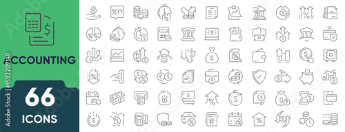 Accounting Line Icon Set. Set of 66 outline icons including calculator, invoice, ledger, tax, budget, balance sheet, and financial report. Editable stroke. Linear vector illustration.