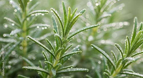 Rosemary Sprigs Display Water Droplets in Macro Detail, Showing Freshness and Purity
