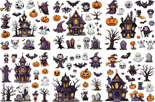 Collection of Halloween characters and haunted houses with pumpkins and bats