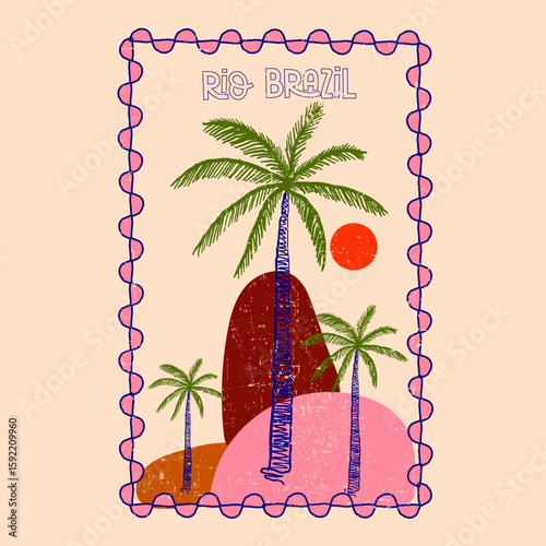 tee for Rio Brazil travel vector design, Copacabana beach vector art. tropical beach vacation artwork for t shirt, poster, print, palm tree mountain.