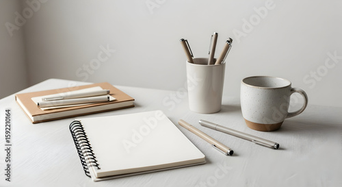 Notebook and Pens Sit Neatly on a White Desk with Coffee Cup for Study and Work