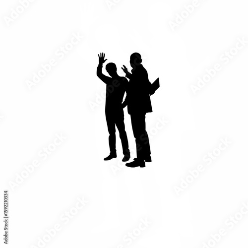 Silhouette of colleague interrupting another with hand raised on white background