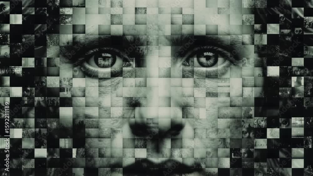 Digital face emerging from pixelated background. Man's features dissolving into abstract squares. Artificial intelligence, data privacy, and identity concept in monochrome video