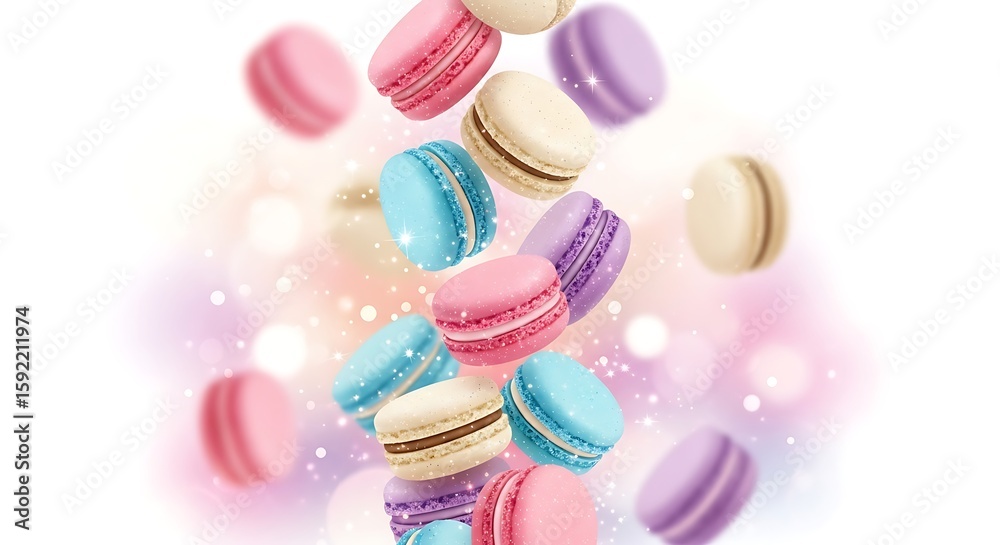 Obraz premium Illustration of colorful macarons falling with sparkling bokeh lights