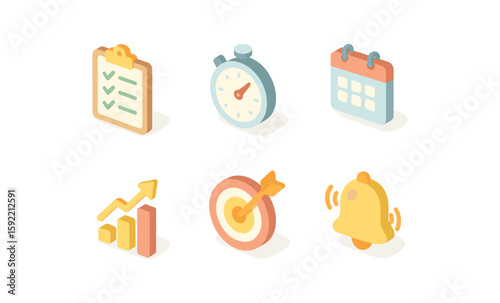 Isometric icon set: schedule, timer, analytics, and notification tools