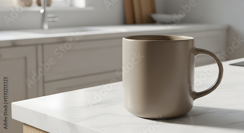 Ceramic Mug Sits on Marble Countertop in Bright Kitchen, Minimalist Design, Modern