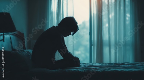 Silhouette depressed man sadly sitting on the bed in the bedroom. Sad asian man suffering depression insomnia awake and sit alone on the bed in bedroom. Depression health people .