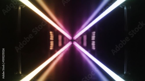 A futuristic tunnel visual with glowing walls and crisscrossing yellow and pink laser beams creates an energetic nightclub atmosphere